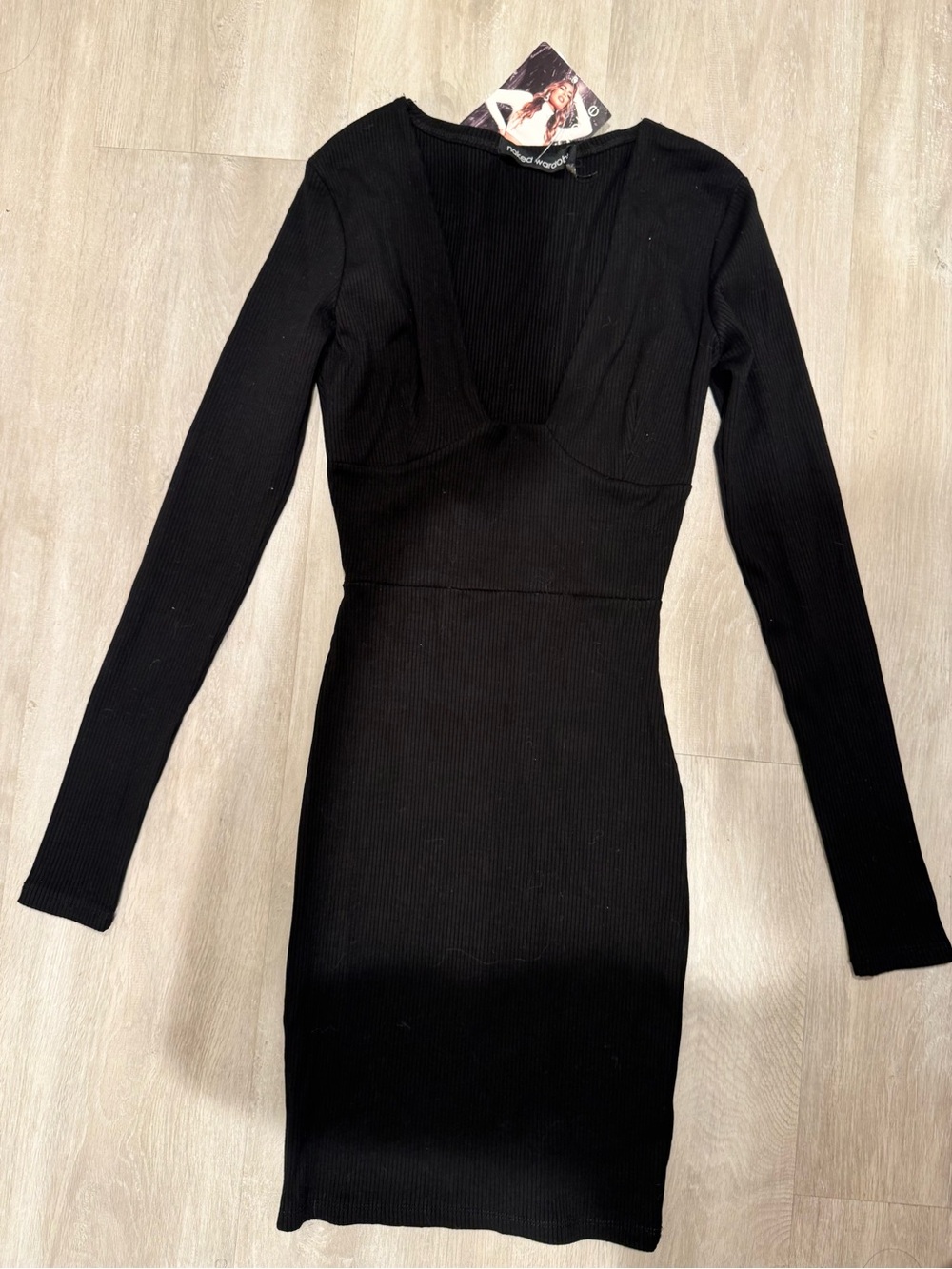 naked wardrobe Black Long-Sleeve Ribbed V-Neck Bodycon Dress